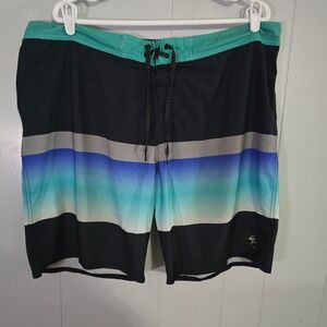 Quiksilver Board Shorts Mens 38 Black Blue Striped Highline 4-Way Stretch Trunks